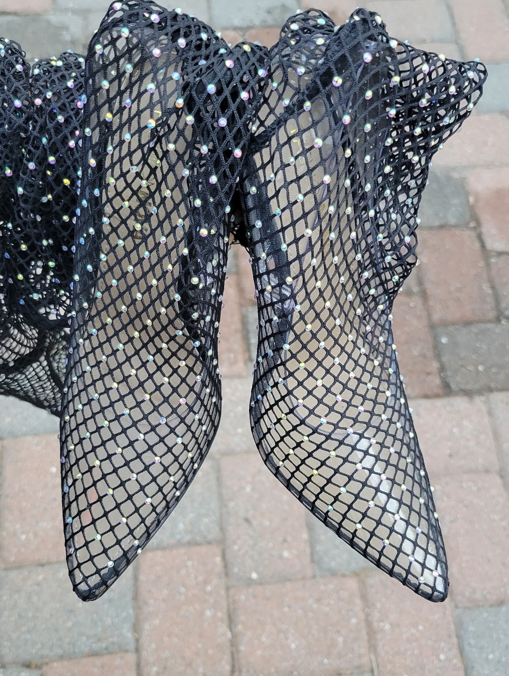 Fashion Nova Black Crystal Fishnet One Piece Stockings Clear Stiletto Heels Rare